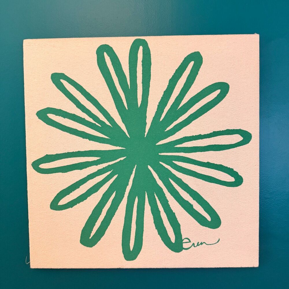 Erin Flett 'Bloom' Canvas Screen Print Maine Artist Green Ivory 70s Flower MCM